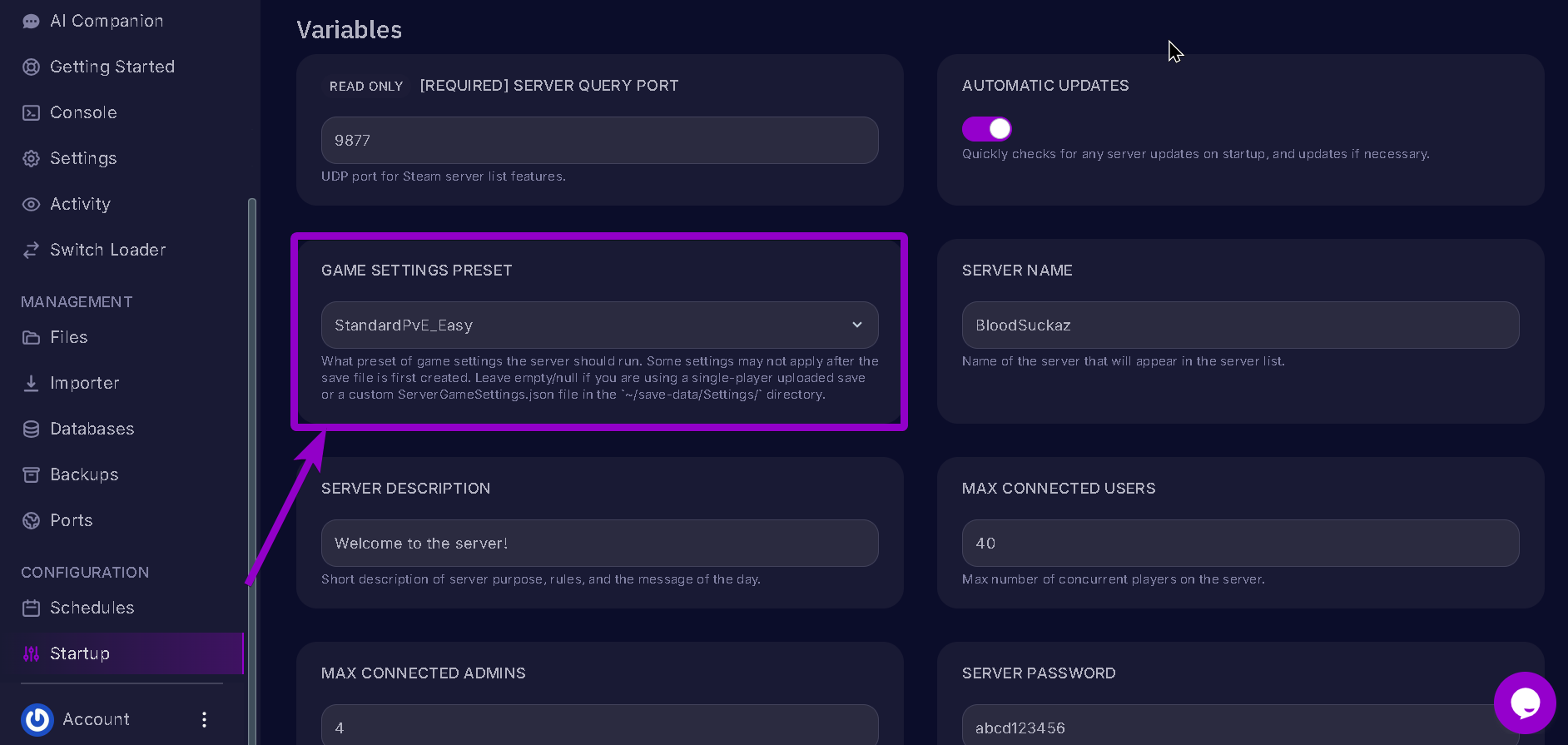 Vrising Game settings Preset highlighted with arrow.
