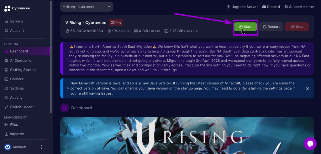 Vrising Start highlighted with arrow.