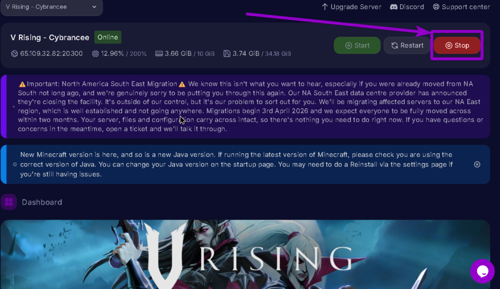 Vrising Stop highlighted with arrow.