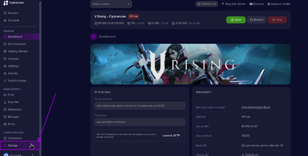 Vrising startup tab highlighted with arrow