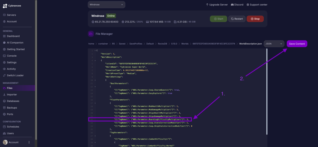 Cybrancee File Editor showing BoardingDifficultyMultiplier set to 3 in Windrose world config.