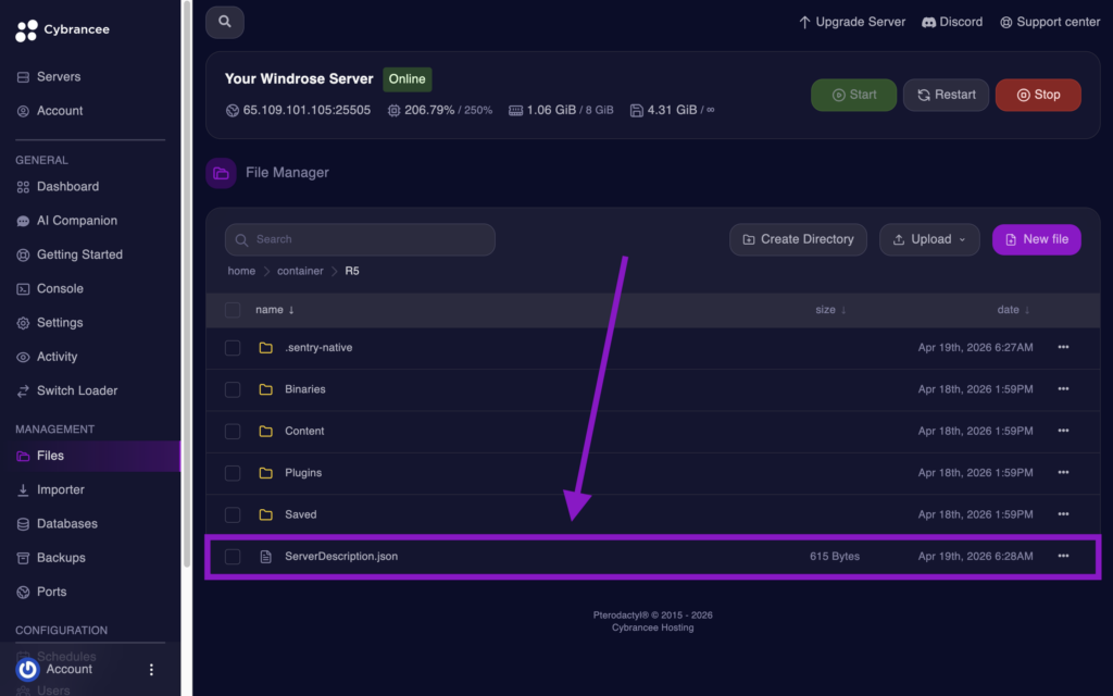 Cybrancee File Manager highlighting the ServerDescription.json file for a Windrose server.