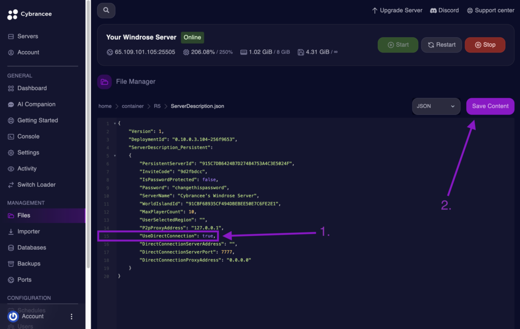 Cybrancee File Editor showing UseDirectConnection set to true in Windrose server config.