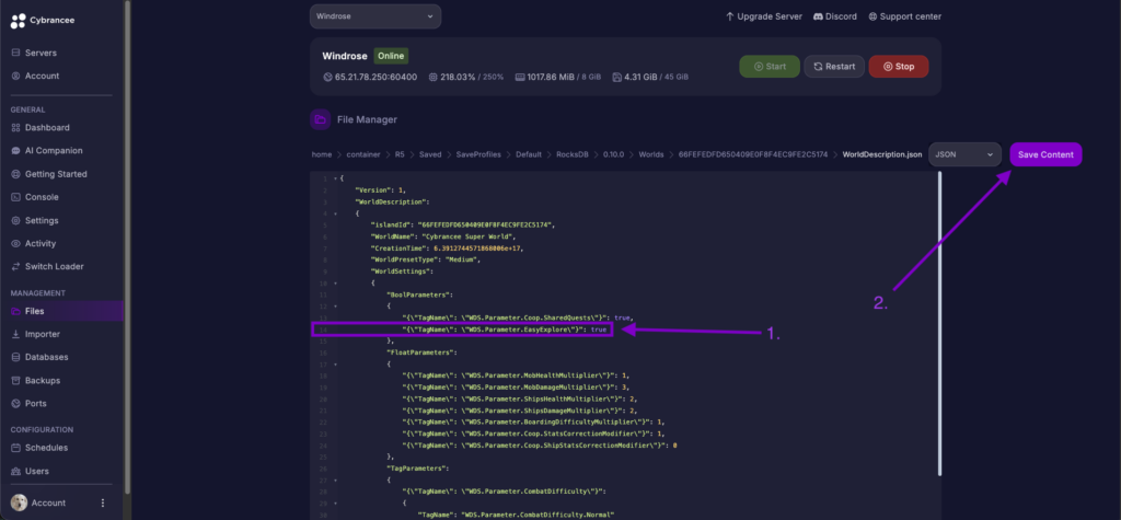 Cybrancee File Editor showing EasyExplore set to true in Windrose world config.
