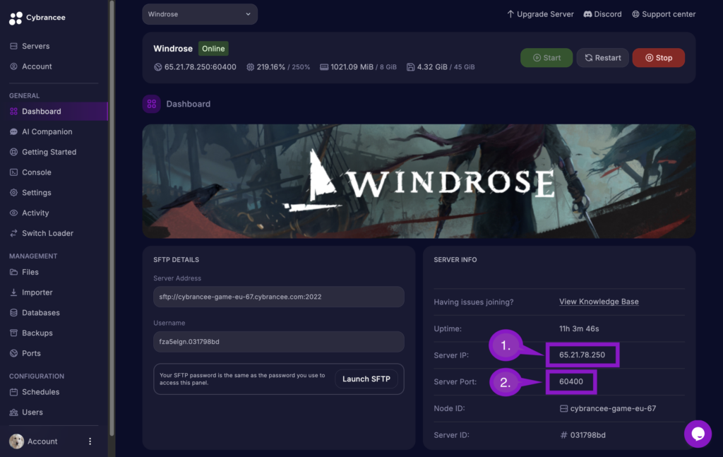Cybrancee Panel showing Windrose server IP and port in Server Info section.