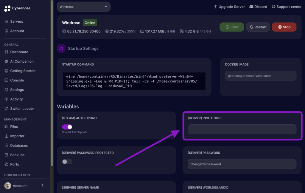 Cybrancee Panel showing the Invite Code field in Startup settings for Windrose server.