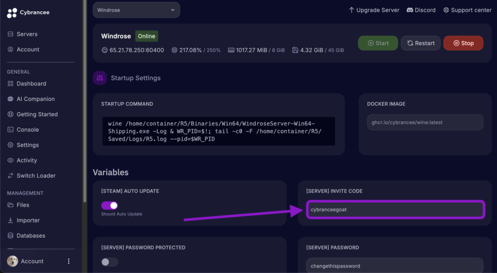 Cybrancee Panel showing the Invite Code set in Startup settings for Windrose server.