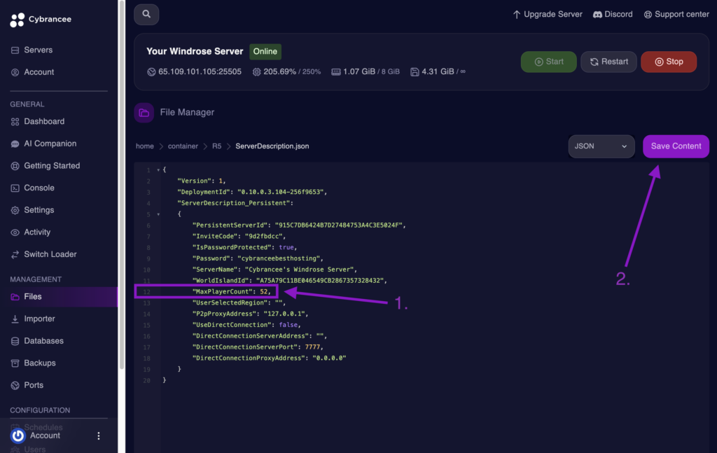 Cybrancee File Editor showing the MaxPlayerCount value set in Windrose server config.