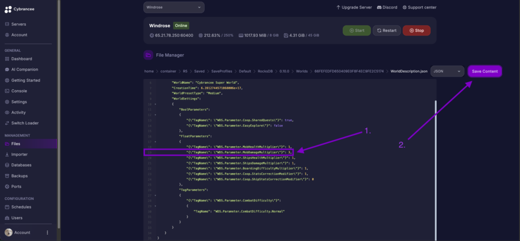 Cybrancee File Editor showing MobDamageMultiplier set to 3 in Windrose world config.