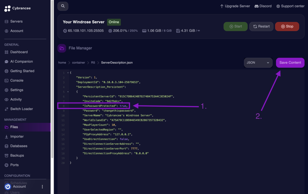 Cybrancee File Editor showing IsPasswordProtected set to true in Windrose server config.