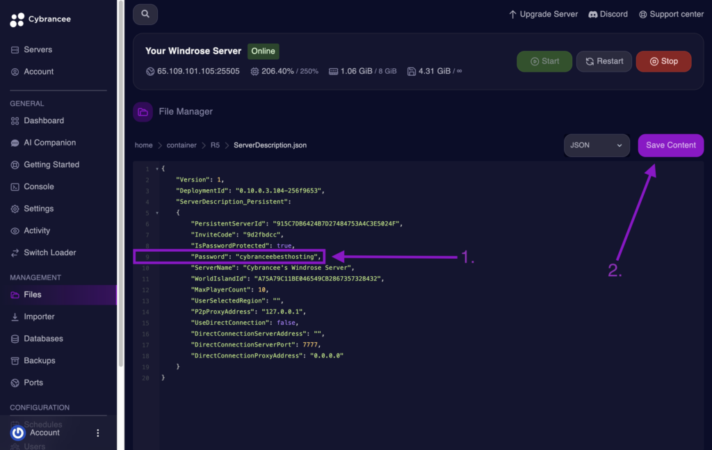 Cybrancee File Editor showing the Password field set in Windrose server config.