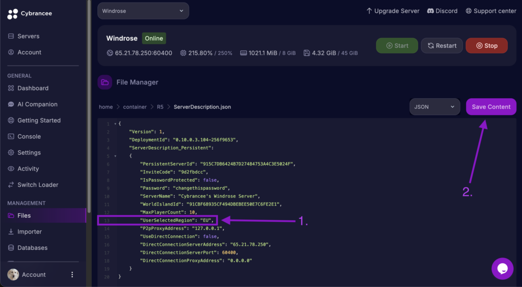 Cybrancee File Editor showing UserSelectedRegion set to EU in Windrose server config.