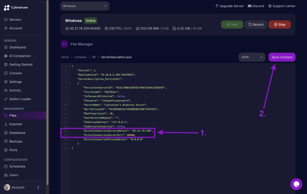 Cybrancee File Editor showing DirectConnectionServerAddress and port set in Windrose server config.