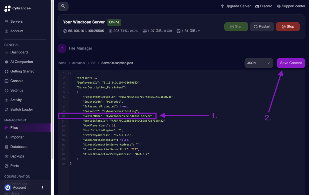 Cybrancee File Editor showing the ServerName field set in Windrose server config.