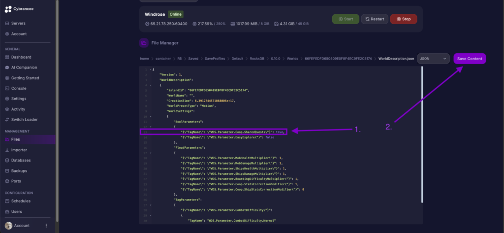 Cybrancee File Editor showing SharedQuests set to true in Windrose world config.