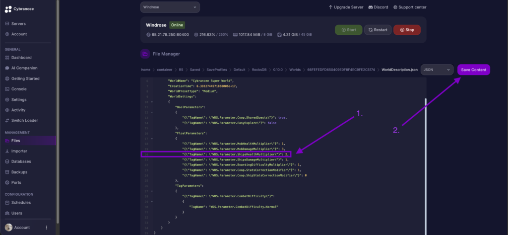 Cybrancee File Editor showing ShipsHealthMultiplier set to 2 in Windrose world config.