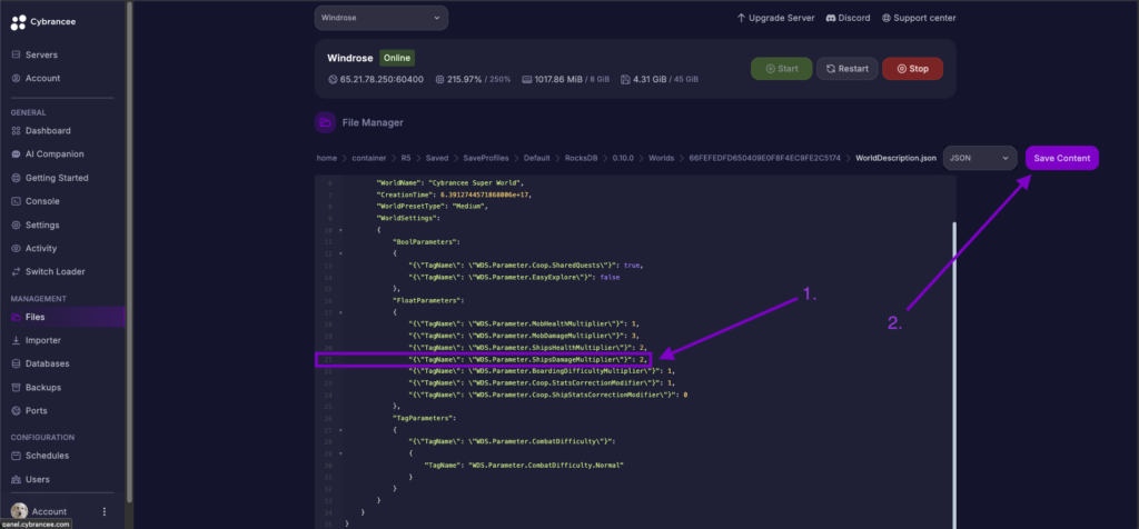 Cybrancee File Editor showing ShipsDamageMultiplier set to 2 in Windrose world config.