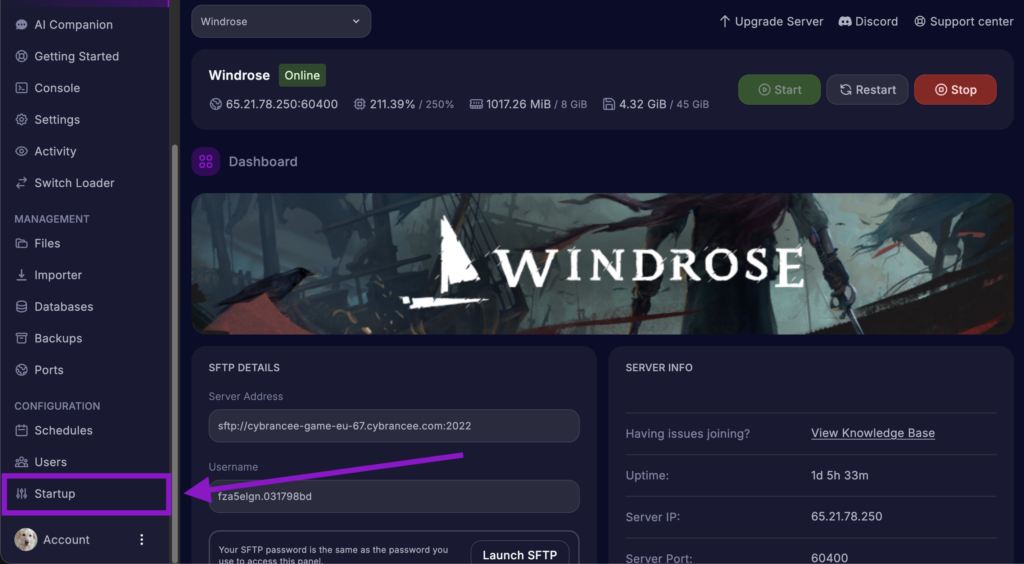 Cybrancee Panel Startup tab highlighted for Windrose server.