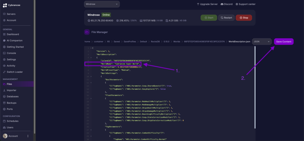 Cybrancee File Editor showing the WorldName field set in Windrose world config.