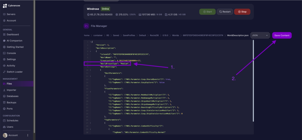 Cybrancee File Editor showing WorldPresetType set to Medium in Windrose world config.
