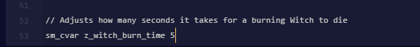 Adding the z_witch_burn_time command to the server.cfg file