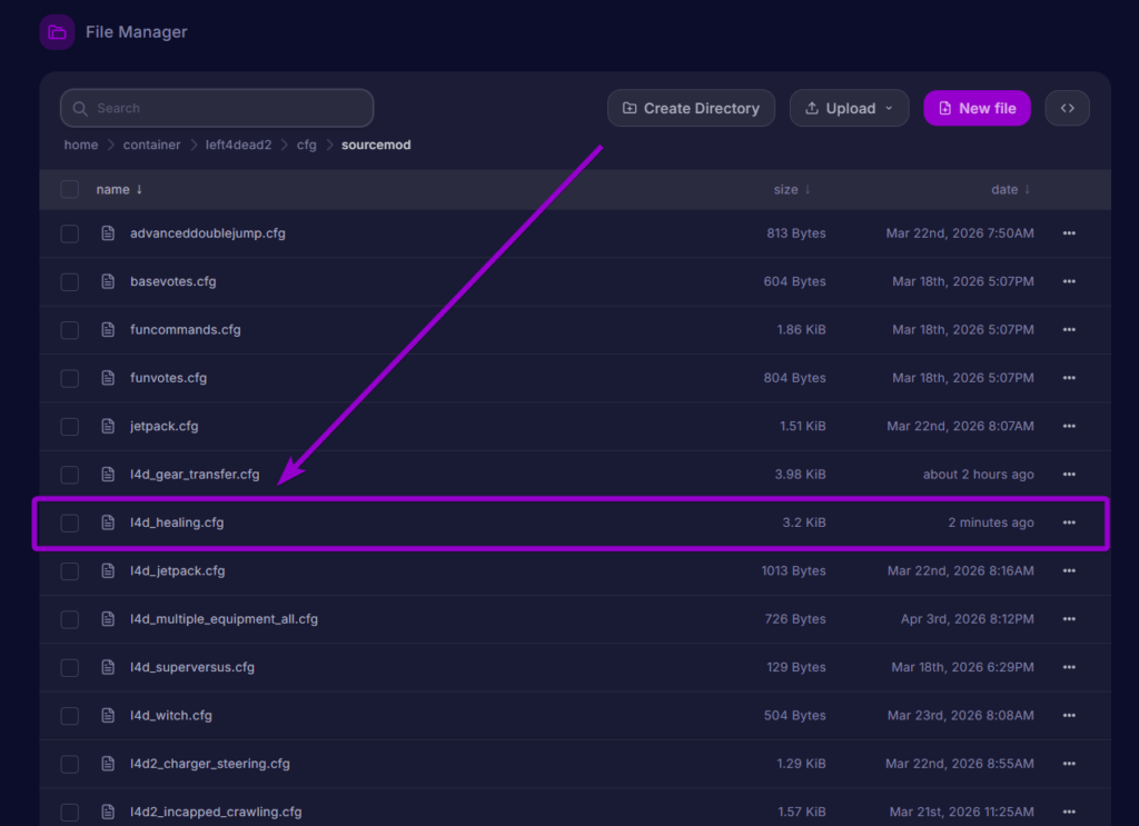 Locating the generated l4d_healing.cfg configuration file in the server panel