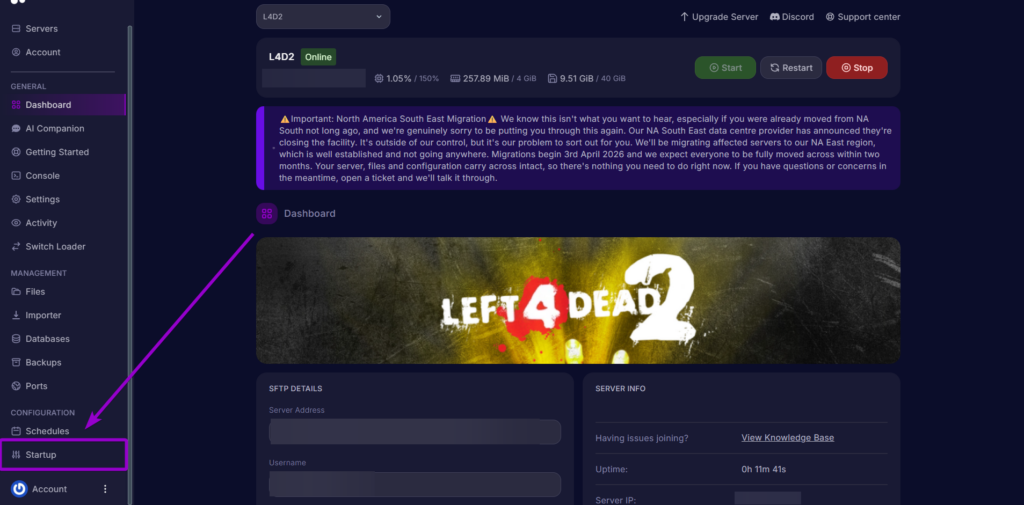 Clicking the Startup tab in Cybrancee