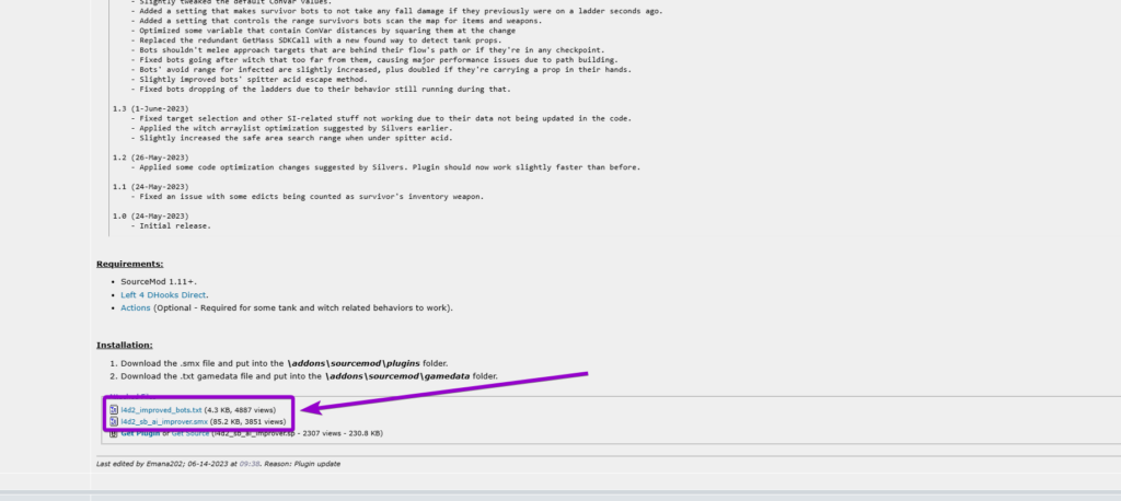 Downloading the l4d2_sb_ai_improver smx and txt files from the AlliedModders forum