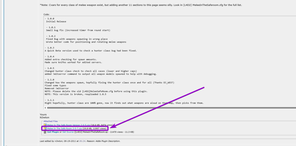 Downloading the Melee In The Safe Room 2-0-7.zip file from the AlliedModders forum