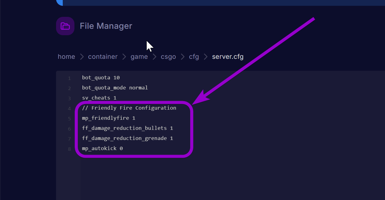 'friendlyfire commands' outlined with arrow