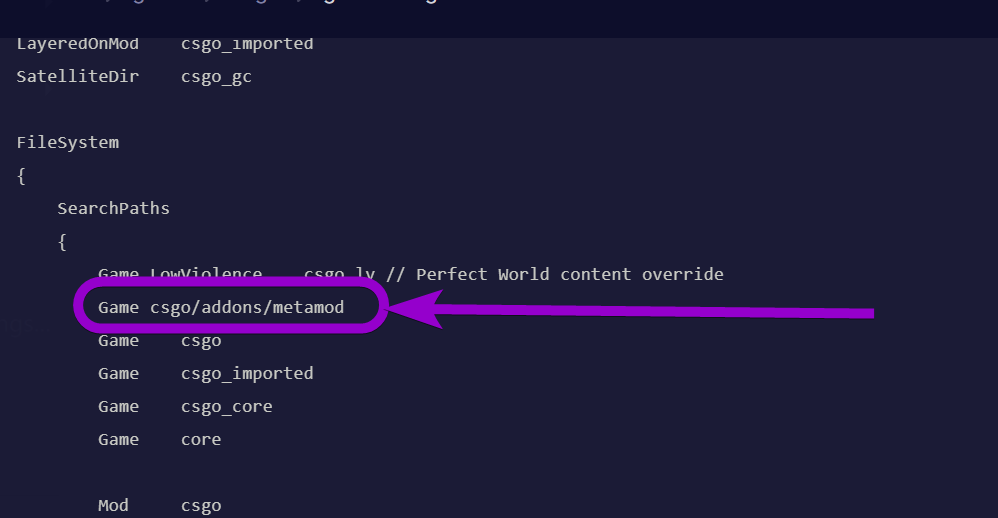 'Game csgo/addons/metamod' outlined with arrow