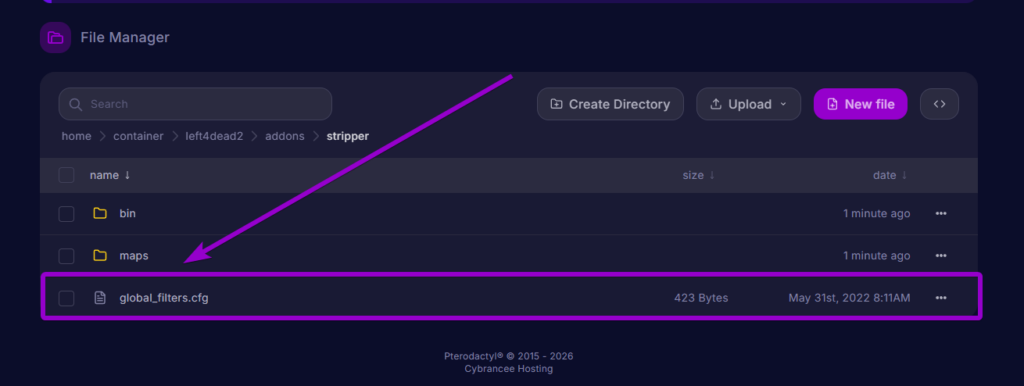 Opening the global_filters.cfg file in the stripper directory