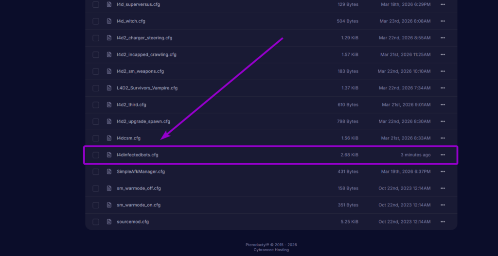 Locating the generated l4dinfectedbots.cfg configuration file in the server panel