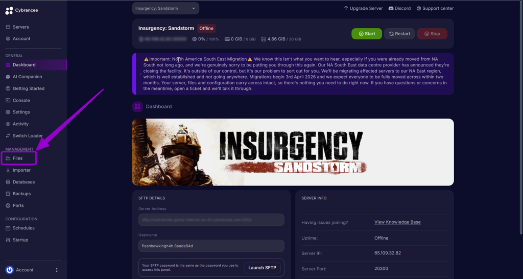 Insurgency Standstorm "Files"tab outlined with arrow in Cybrancee panel.