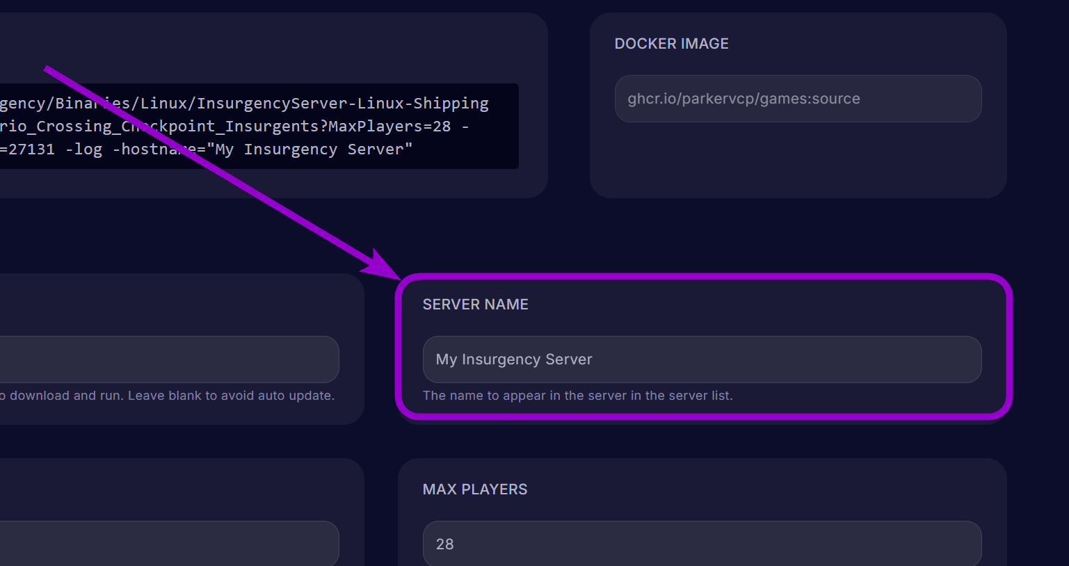 'Server Name' outlined with arrow