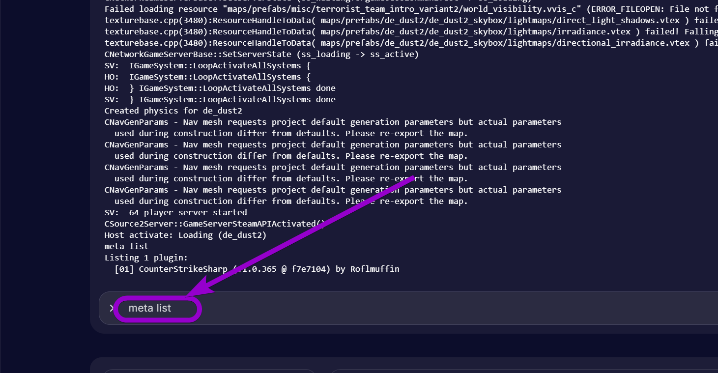 'meta list' command outlined with arrow