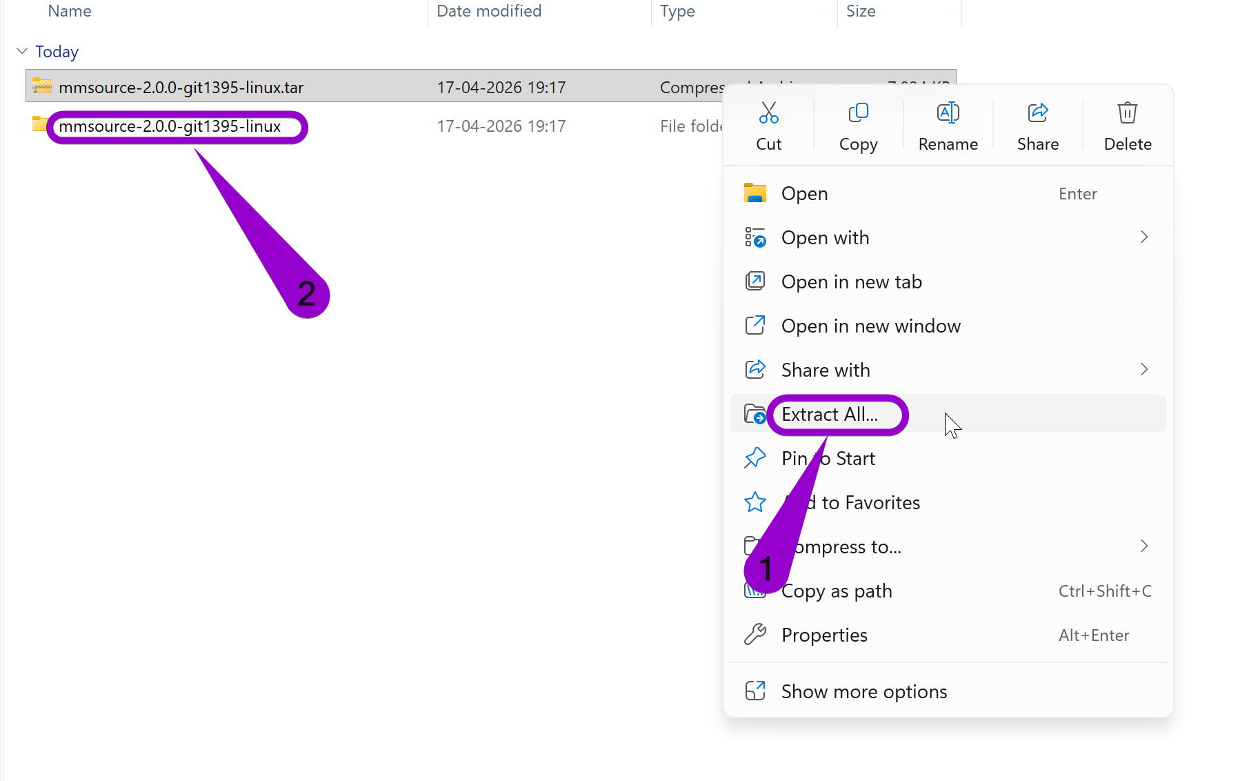 Arrow labeled '1' points to the 'Extract All' option, and an arrow labeled '2' points to the extracted folder.