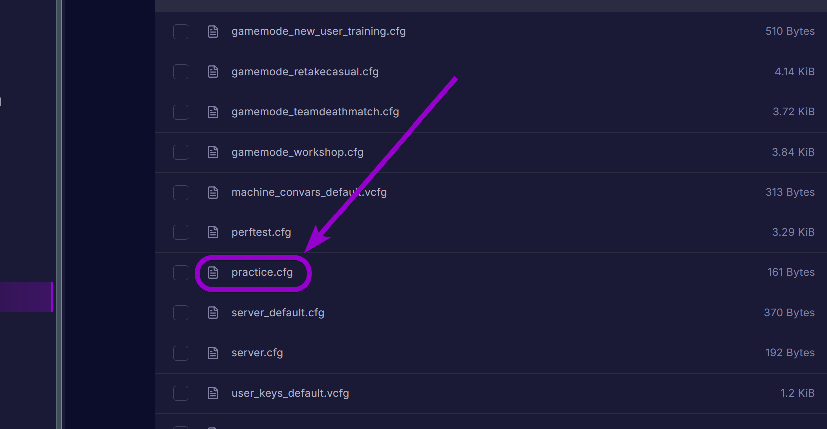 'practice.cfg' outlined with arrow