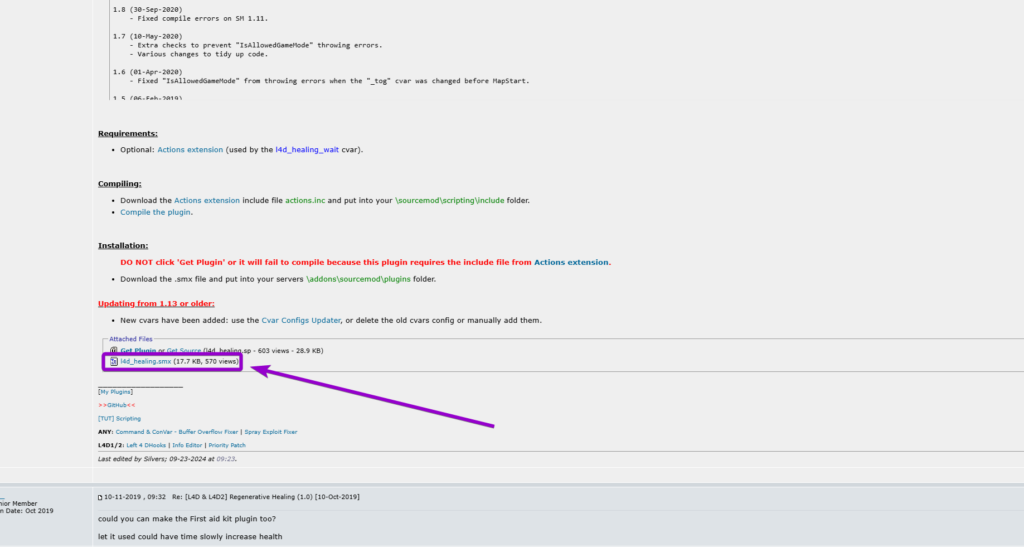 Clicking the Get Plugin link to download l4d_healing.smx for Left 4 Dead 2