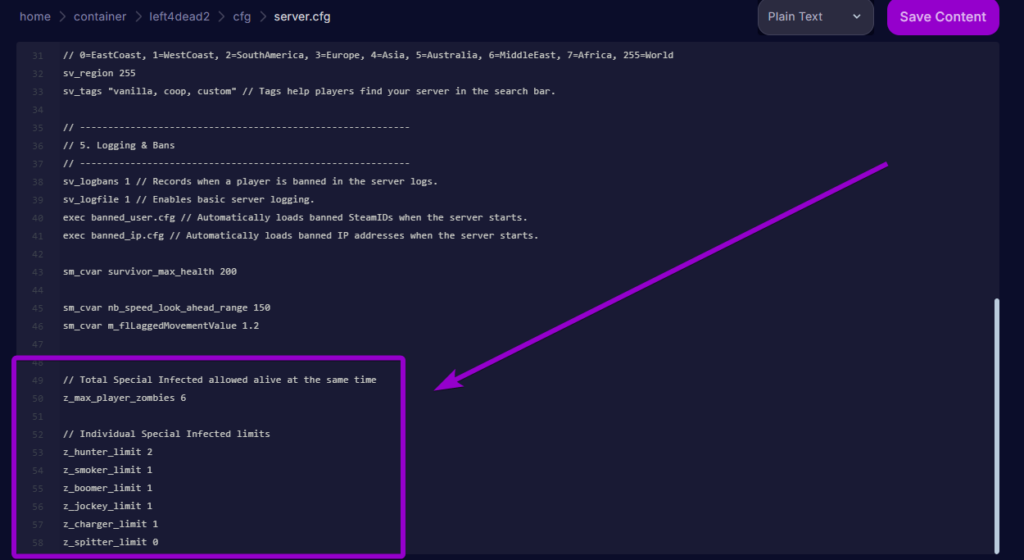 Adding special infected limits to the server.cfg file