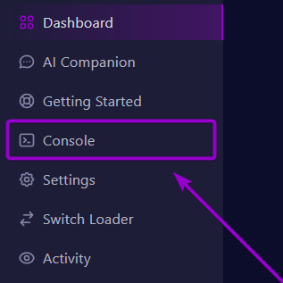 Minecraft - Cybrancee Panel 'Console' tab outlined with arrow