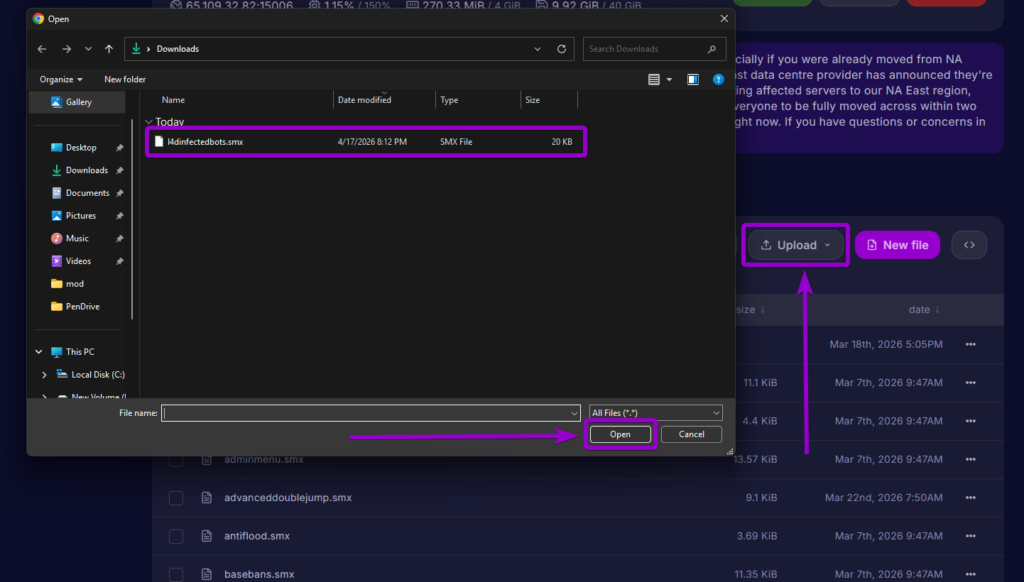 Uploading the l4dinfectedbots.smx file to the server plugins folder