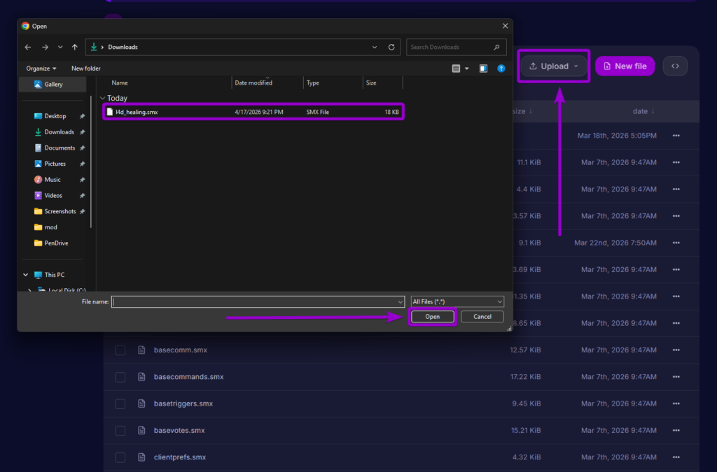Uploading the l4d_healing.smx file to the server plugins folder