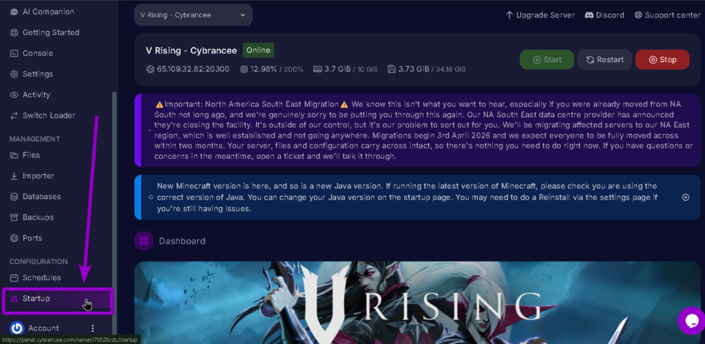 Vrising startup tab highlighted with arrow.