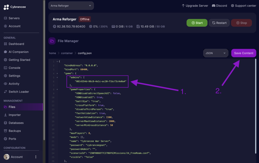 Cybrancee File Manager displaying the Arma Reforger config.json file, with an administrator GUID added to the admins list and the Save Content button highlighted.
