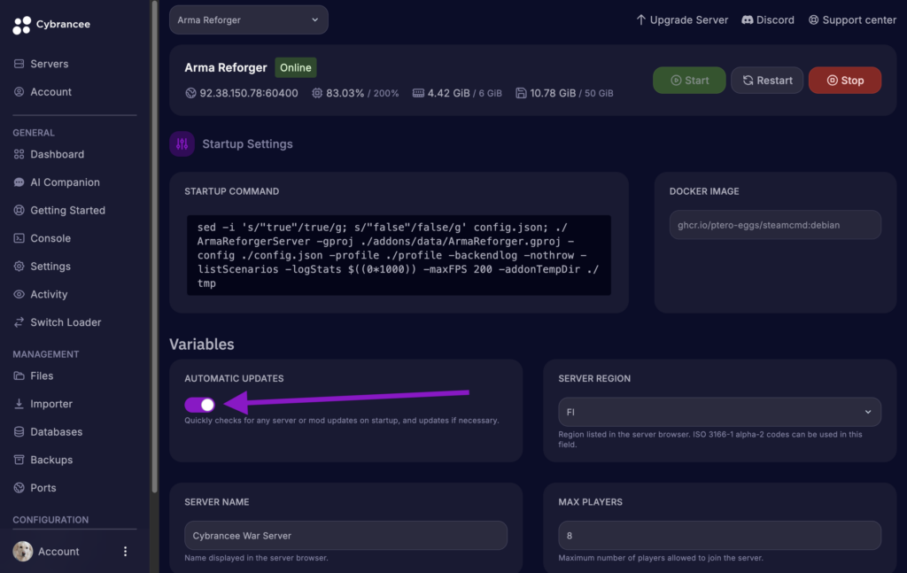 Cybrancee game panel showing the Arma Reforger Startup variables page with the Automatic Updates option enabled and highlighted.
