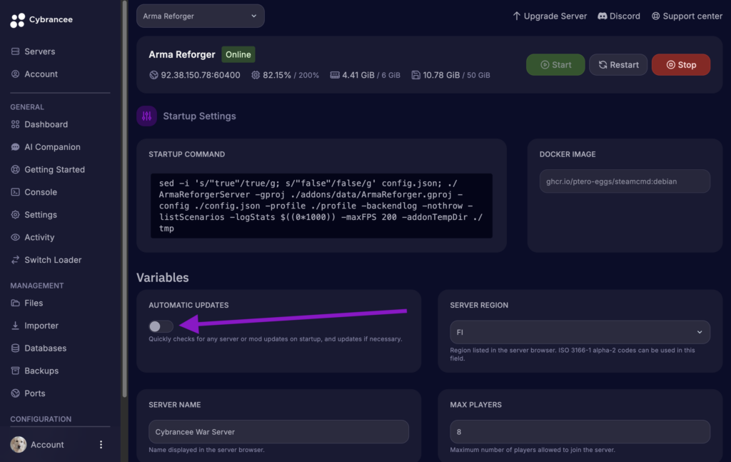 Cybrancee game panel showing the Arma Reforger Startup variables page with the Automatic Updates option disabled and highlighted.