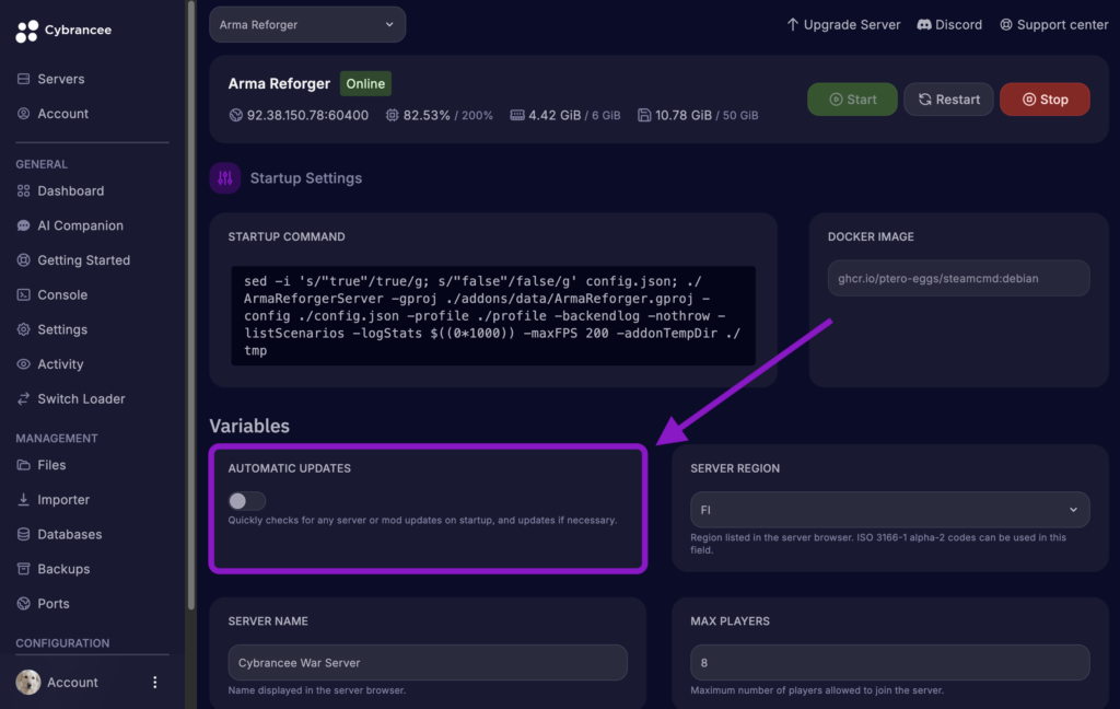 Cybrancee game panel showing the Arma Reforger Startup variables page with the Automatic Updates option highlighted.
