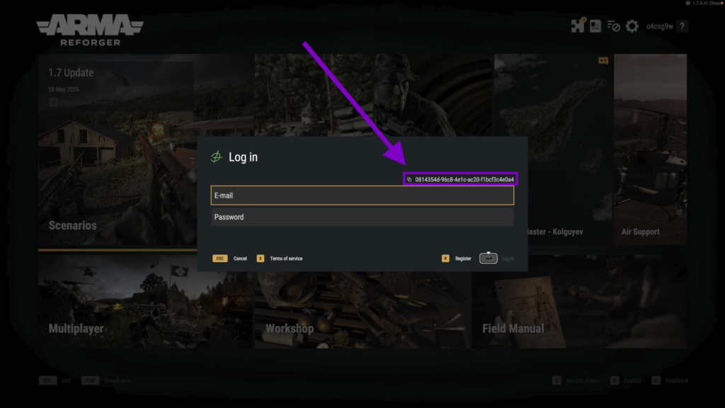 Arma Reforger with Account ID Highlighted