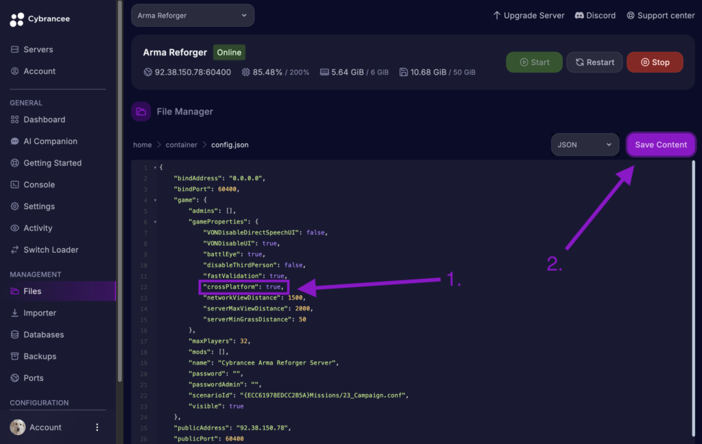 Cybrancee File Manager showing the Arma Reforger config.json file, with the crossPlatform setting enabled (true) and the Save Content button highlighted.
